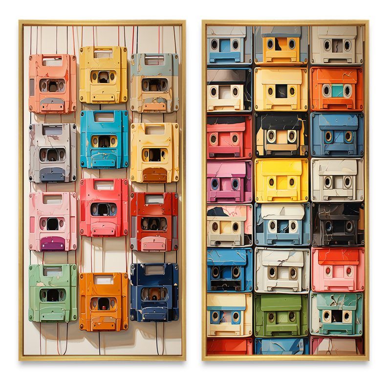 «Popart Cassette Tapes», 2 pièces sur toile, H 40 po x l 40 po, Encadrement doré