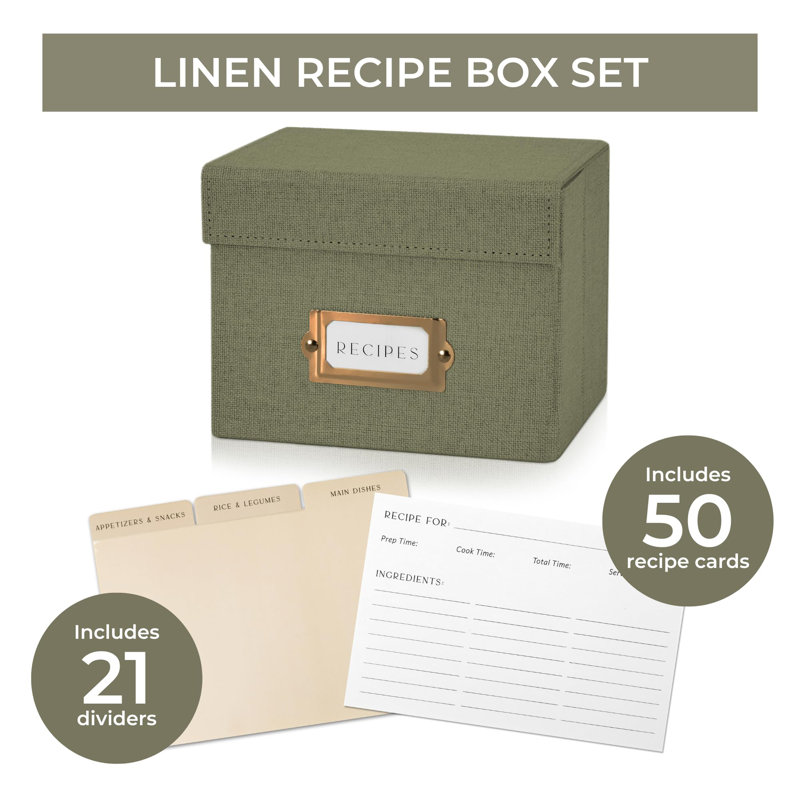 Linen Recipe Box Set - Incl. 50X 4X6 Inch Recipe Cards And Matching Dividers To Easily Organize Up To 250 Recipes