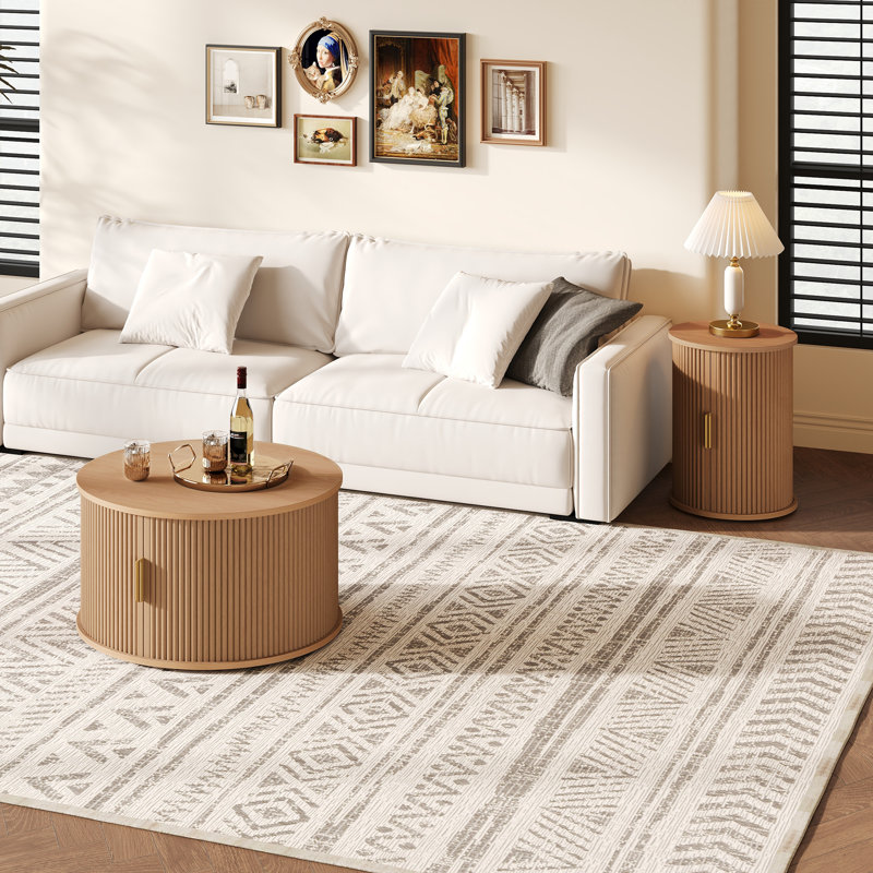 Natural Wooden Finish Coffee Table Set With Round Fluted End Table And Storage, Set Of Two For Living Room | Gift Idea