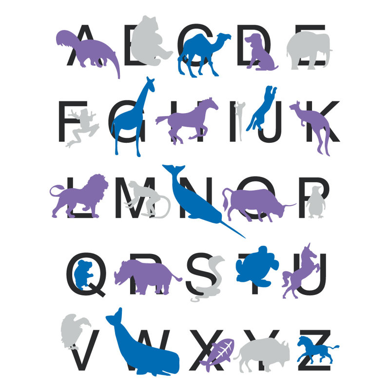 Décalcomanie murale alphabet animal, H 56 po x l 45 po x P 0,01 po, Mauve / gris / bleu