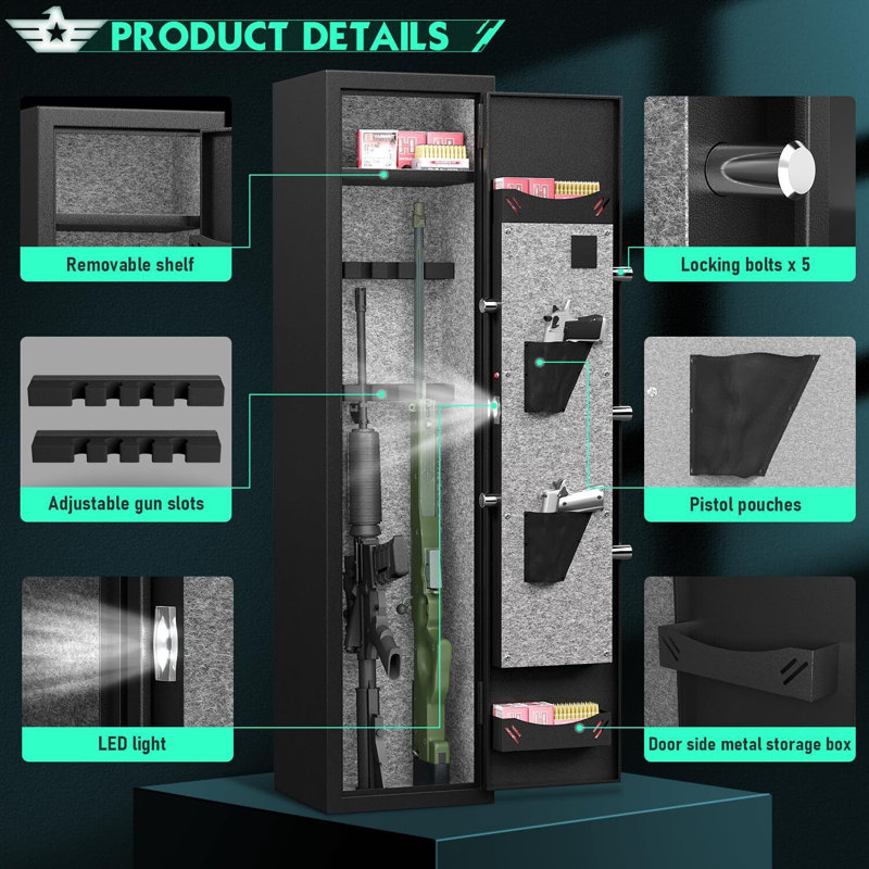 [2024 New] 2-3 Gun Safe, Digital Keypad Large Long Gun Safe For Shotguns, Quick Access Gun Cabinets With Led Light, Gun Safe With Adjustable Gun Rack And Removable Shelf
