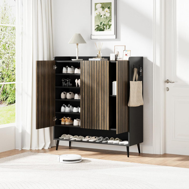 Hallway Shoe Cabinet, 30 Pairs Large Shoe Cabinet w/ 3 Doors, Adjustable Shelves, Shoe Organizer w/ Doors, Black & Nut-brown