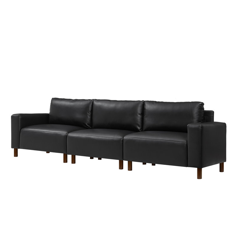 112'' Wide Faux Leather Square Arm Sofa, Black