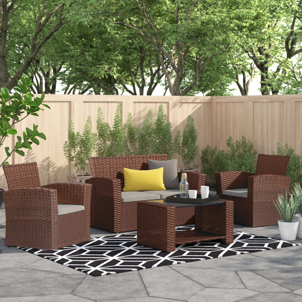 Varinder 4-Piece Outdoor Garden Patio Furniture Sets Brown Manual Weaving PE Rattan Wicker All Weather Conversation Set Sectional Cushioned Sofa Sets