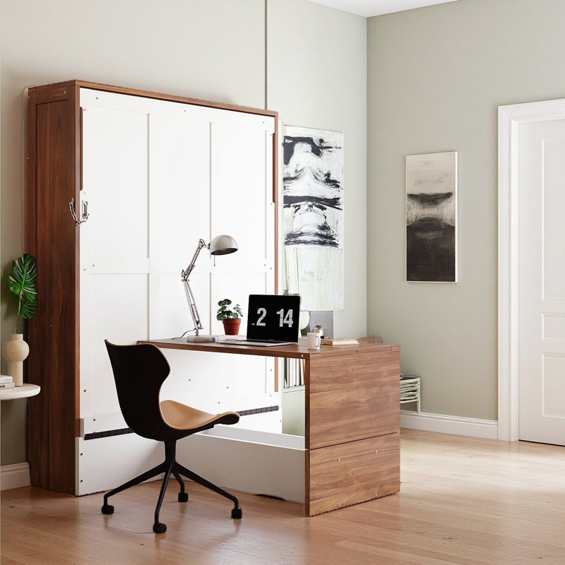 Lit escamotable double avec bureau pliable - Noyer et blanc, Blanc