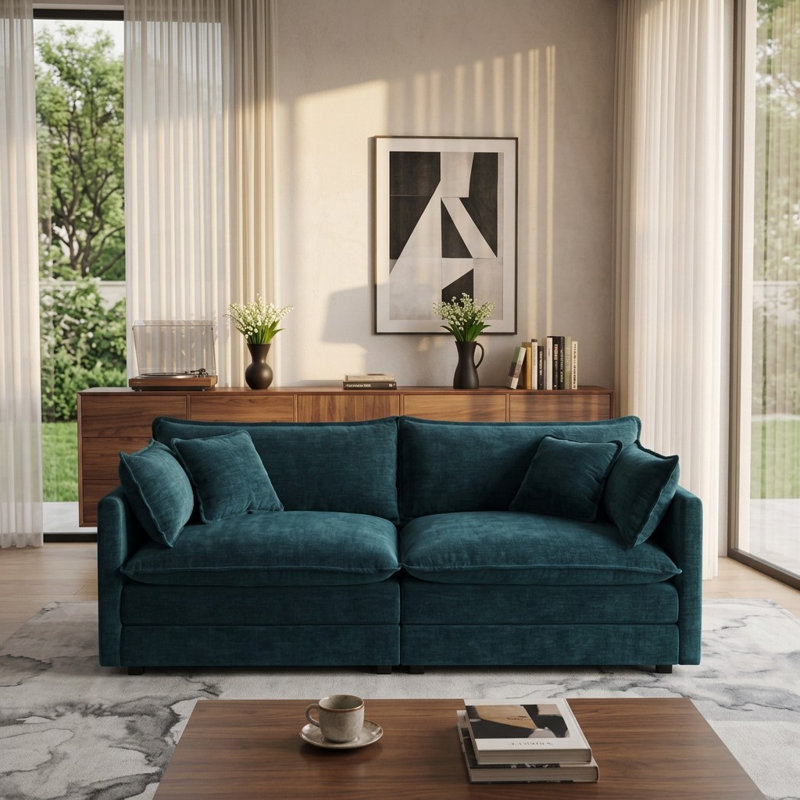 Haninerm Chenille Round Arm Loveseat, Blue, 2