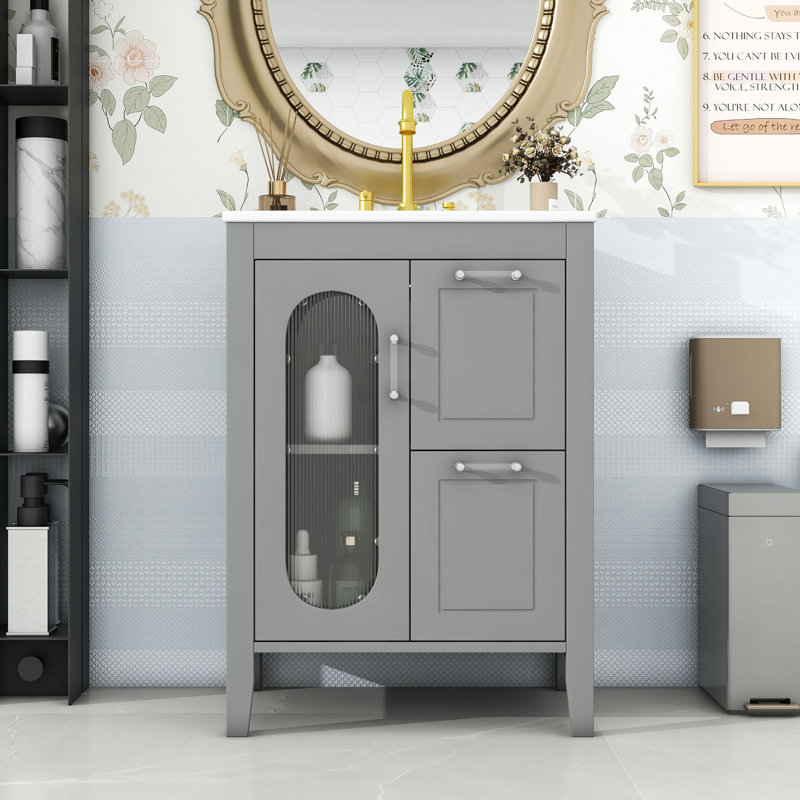 Meuble-lavabo avec deux tiroirs et tablette réglable, Gris