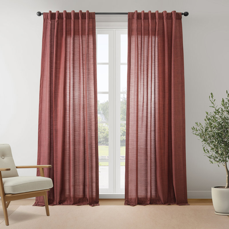 Cotton-Blend Textured Slub Semi-Sheer Curtains for Bedroom & Living Room Curtains (2 Panel Drapes), Red, 50" W x 96" L