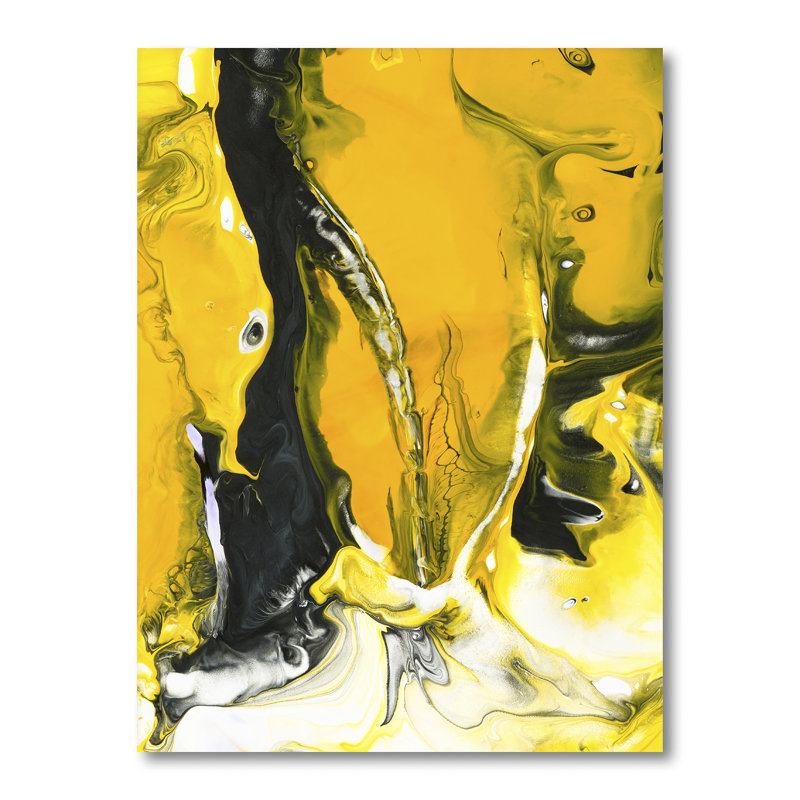 Jaune jaune, noir et blanc liquide Art VII - peinture sur toile, H 20 po x l 12 po x P 1 po, Toile tendue