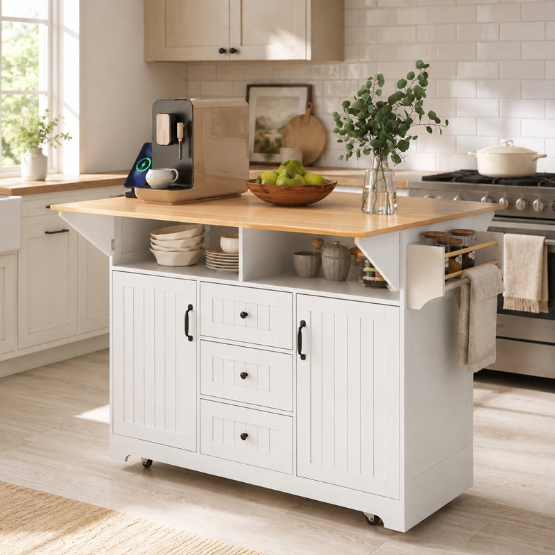 55" Rolling Kitchen Island with 2 Drop Leaves, Power Outlet, 3 Drawers & Storage Cart, Brown/White