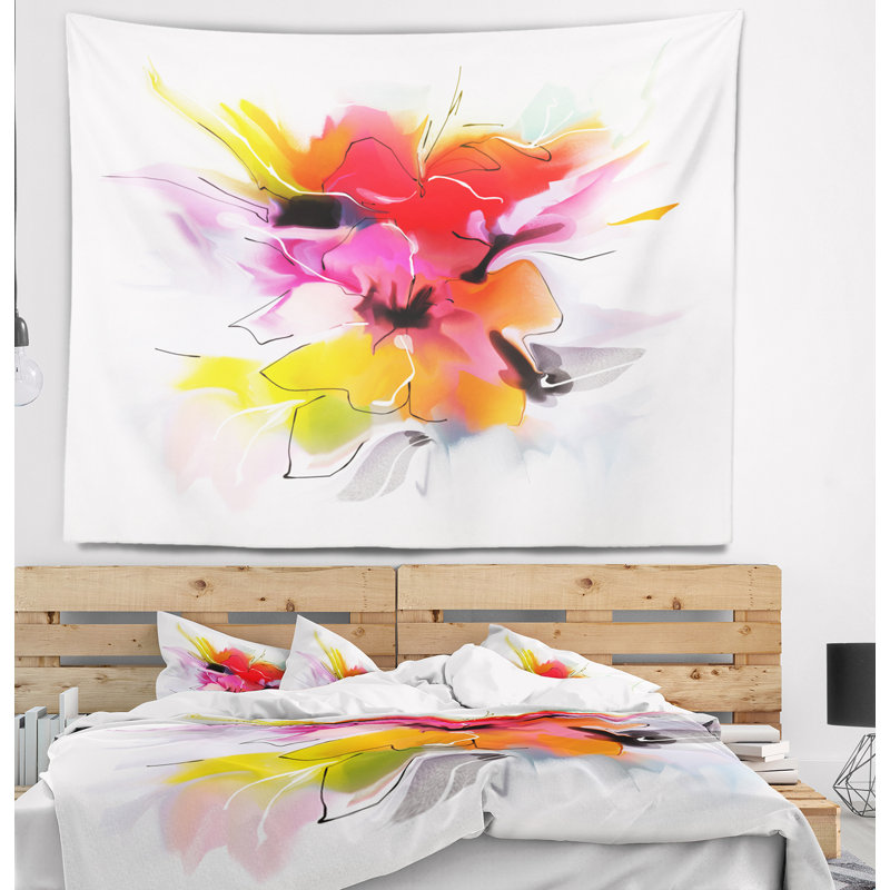 Floral, fleurs abstraites colorées sur tapisserie blanche, H 32 po x l 39 po