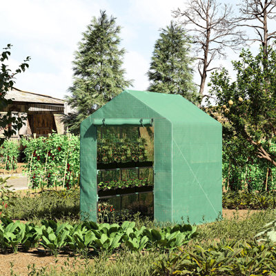 Serre 7 pi x 5 pi x 6,5 pi, couverture en PE, 3 tablettes, cadre en acier pour les gaules, fleurs, légumes - dommages causés par le soleil et le vent, pluie de 7 pi x 5 pi 6,5 po, couvert, encadré de tablettes