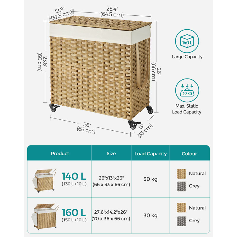 Wood Rolling Laundry Hamper with Handles, Natural