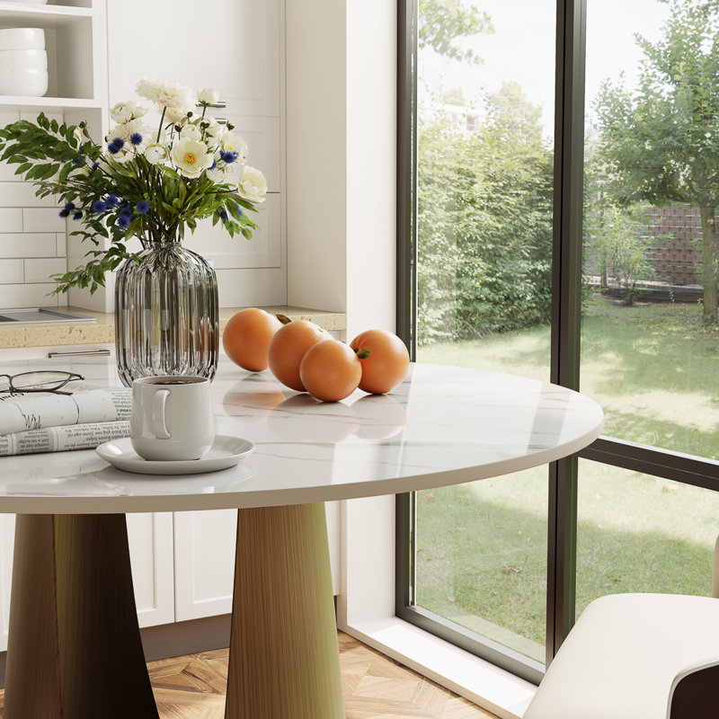 35" Modern Round Counter Height Table For 2-4 People, White Glossy Small Round Dining Table For Kitchen Or Small Spaces With Bronze Base, Counter Height Bar Table For Families