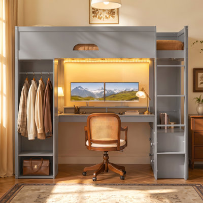 Lit mezzanine pour enfants avec bureau en L, garde-robe ouverte et tiroirs, poste de travail avec lumières DEL et ports USB, chambre d'adolescent moderne