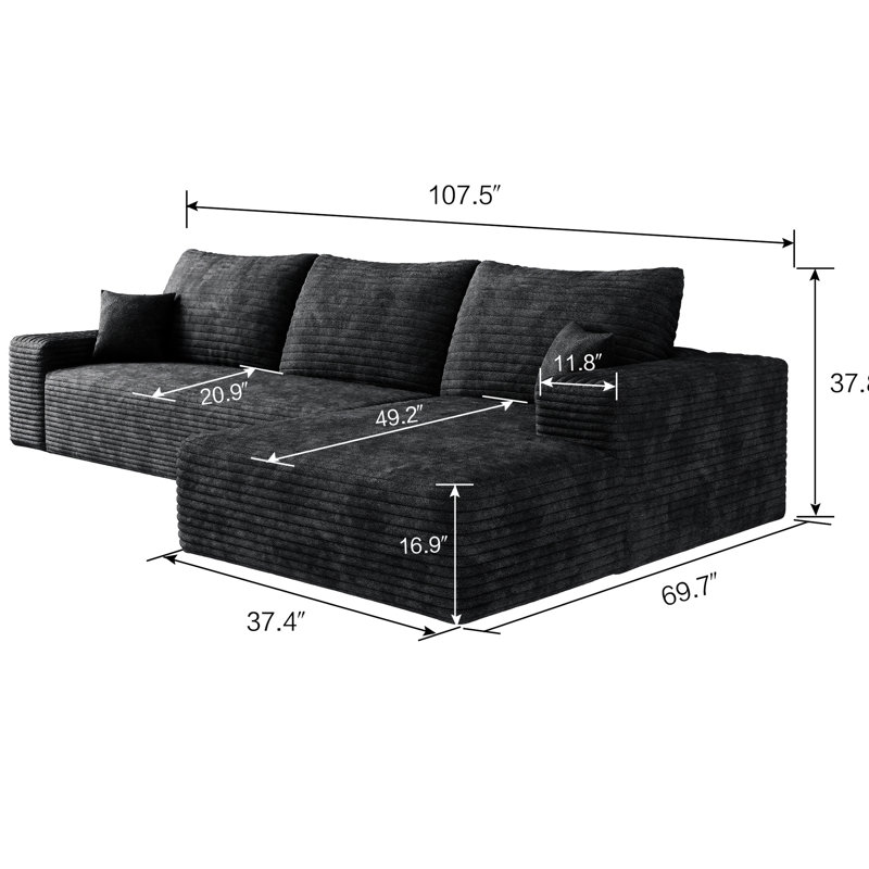 Canapé modulaire en L 107 po rembourré en velours côtelé noir de 107 po, moderne et polyvalent pour plusieurs pièces, sans assemblage requis. Canapé modulaire confortable dans le salon, noir.