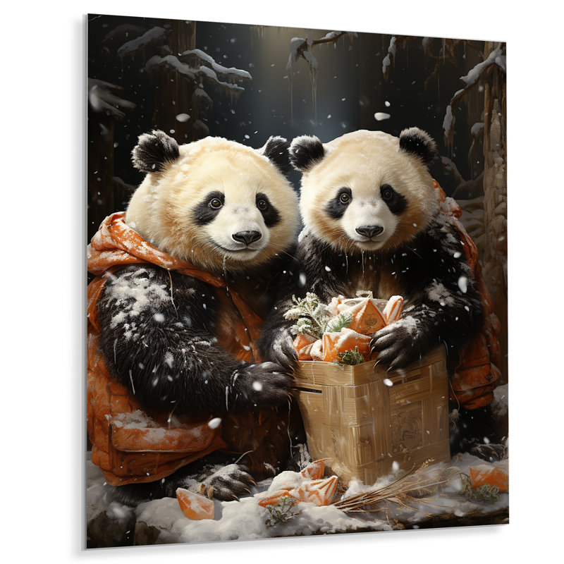 Snowy Bamboo Panda Party - Panda Animal, art mural en métal, H 32 po x l 16 po x P 1 po