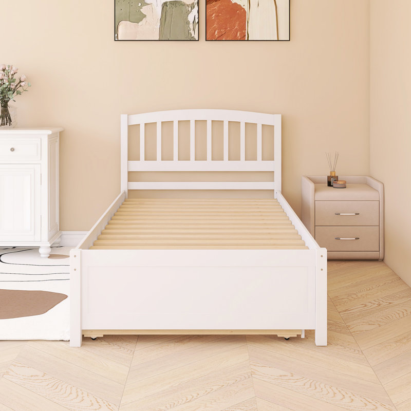 Cadre de lit plateforme 80 po x 42 po avec lit gigogne en bois, Blanc
