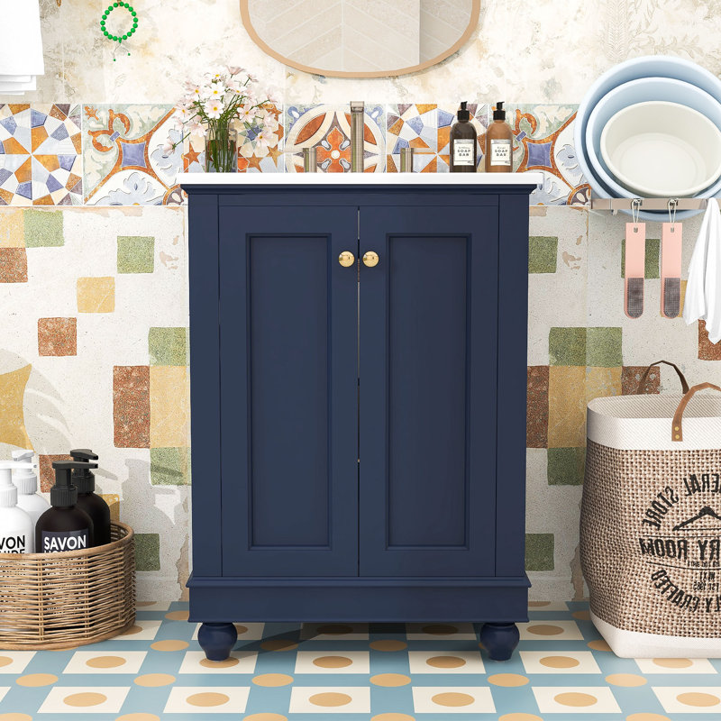 Meuble-lavabo autoportant moderne avec lavabo en céramique, charnières à fermeture douce et tablette réglable, Blue