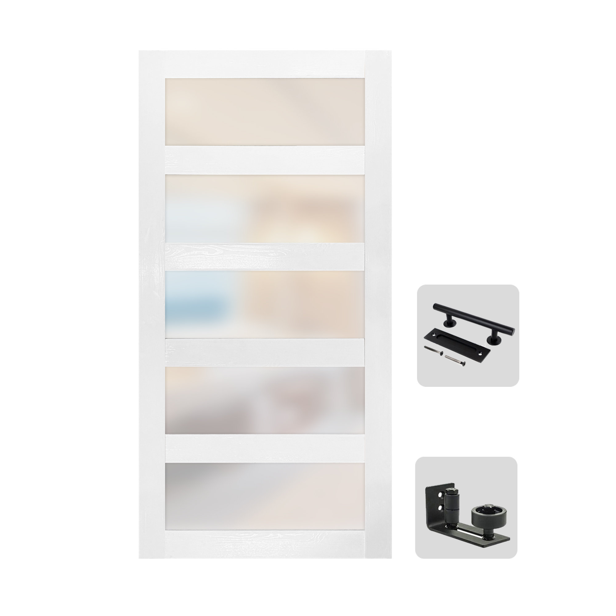 S&Z TOPHAND® 26 In X 84 In Glass Sliding MDF Barn Door With 5FT Sliding Door Hardware Kit, 5 Tempered Frosted Glass, Slab Inside Covered With Water-Proof PVC Surface, Simple DIY