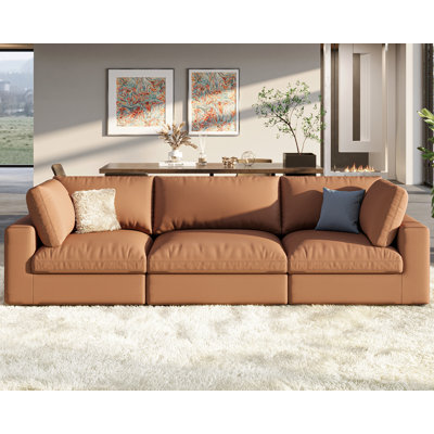 Modular Sectional Sofa, 152 Inches Down Filled Sectional Sofa, U Shaped Cloud Couch With Chaise, Ottoman, Oversized Couch For Living Room, Brown Anti-Scratch Leathaire Couch Set