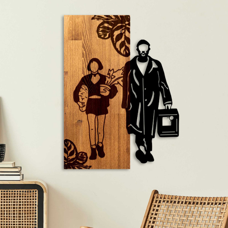 Elegant Decorative Wooden Wall Accessory, Walnut & Black, 17.3 x 22.8 x 1.2 inches | 50% Real Wood (Thickness: 1.2 inches) & 50% Metal (Thickness: 0.6 inches) | Unique Design Enhances Any Home Décor