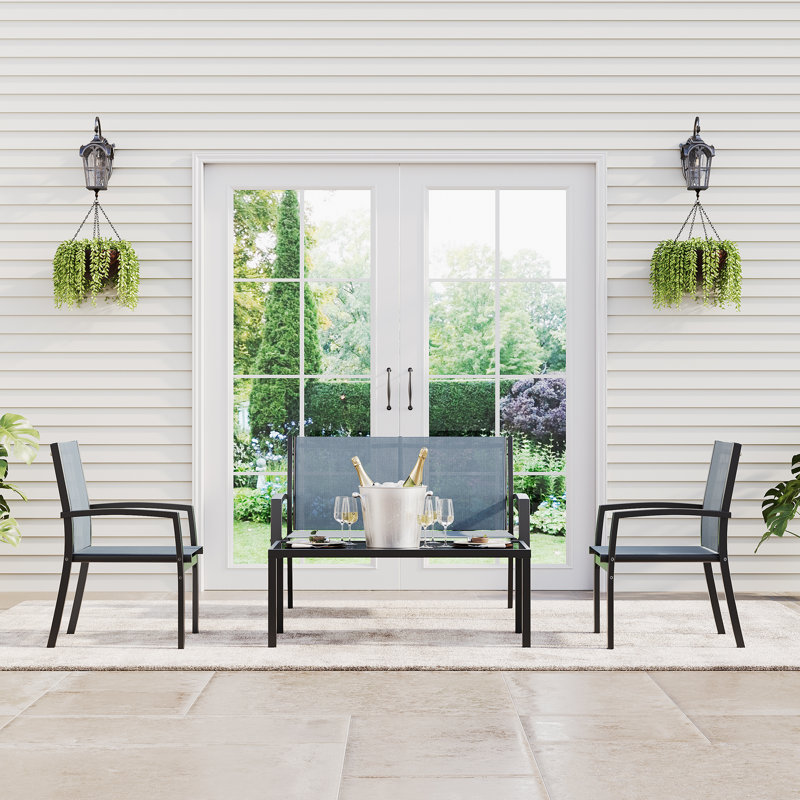 4-Piece Patio Bistro Set – Outdoor Conversation Set with Loveseat, 2 Chairs & Glass Table – All-Weather Textilene Fabric & Steel Frame Furniture for Backyard, Poolside, Porch - Gray