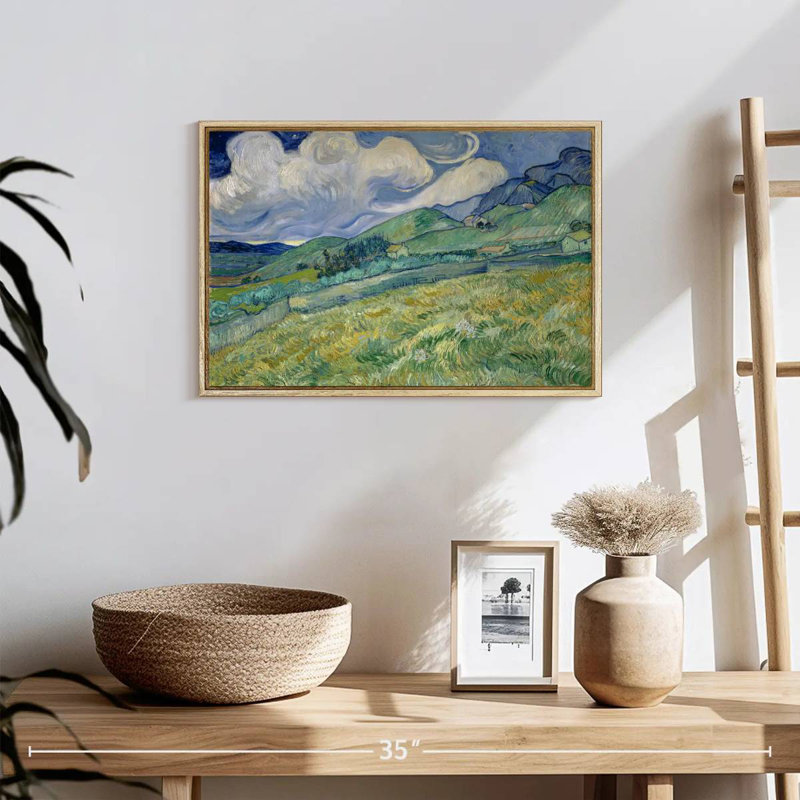 Champ de blé et montagnes 1889, Cadre flottant en bois naturel, 19 po x 13 po