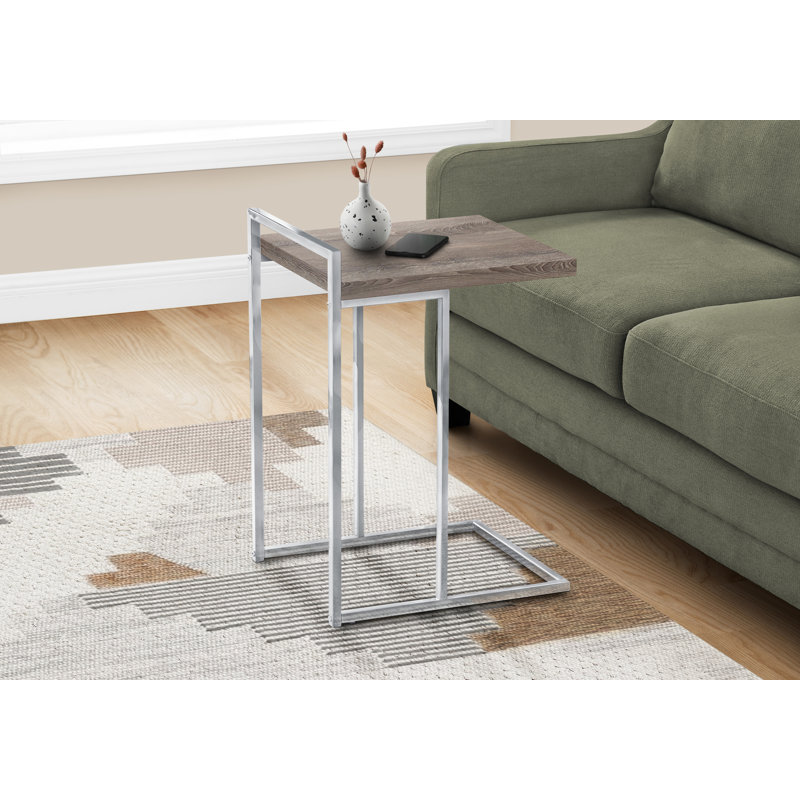 Table d'appoint en forme de C en métal et stratifié pour les collations, le salon, la chambre à coucher, Taupe foncé, Chrome