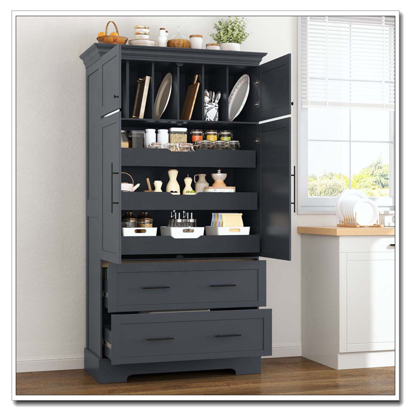 72.6'' Kitchen Pantry, 4 Doors Dining Storage Cabinet with Pull-out Trays, Drawers and Cake Pan Storage, Grey