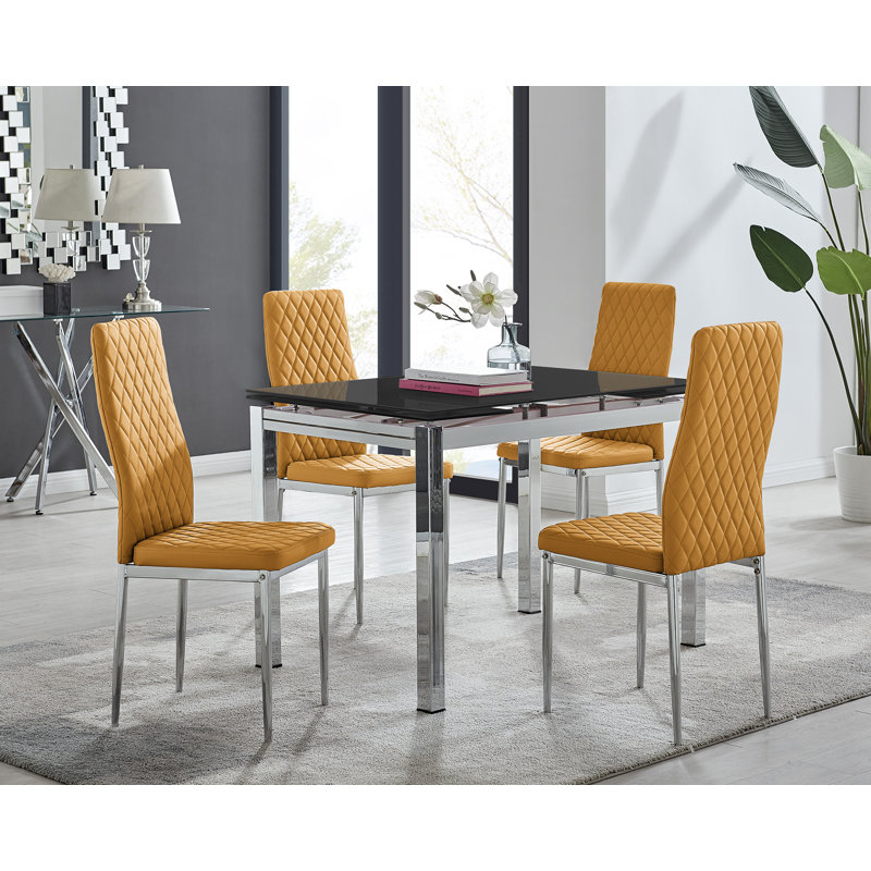 Tierra Modern Glass & Metal Extendable Dining Table Set & 4 Luxury Faux Leather Dining Chairs, Mustard/Silver