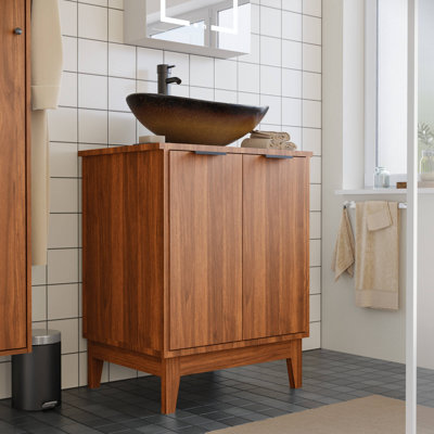 24" Rustic Bathroom Vanity with Sink, Freestanding Cabinet featuring 2 Doors, and Boat Tempered Glass Vessel Sink, Adjustable Shelf with Faucet & Pop Up Drain Included