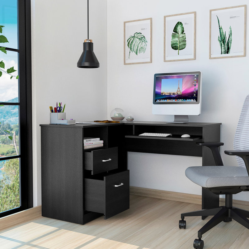 2-Drawer 1-Shelf L-Shaped Computer Desk(Desk), Black