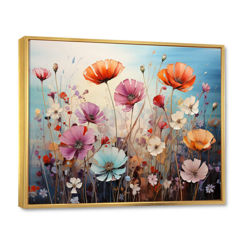 Symphonie florale sauvage, pointillisme, H 34 po x l 44 po x P 1,5 po, Cadre flottant doré