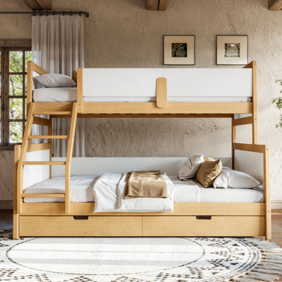 Lit superposé simple au-dessus de grand lit simple avec tiroirs de rangement, lit superposé pour enfant en bois massif avec lattes, conception convertible, blanc et naturel