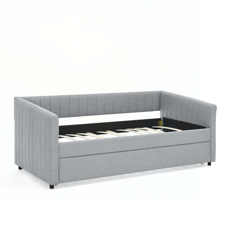 Linen Upholstered  Daybed with Trundle, Grey, Twin