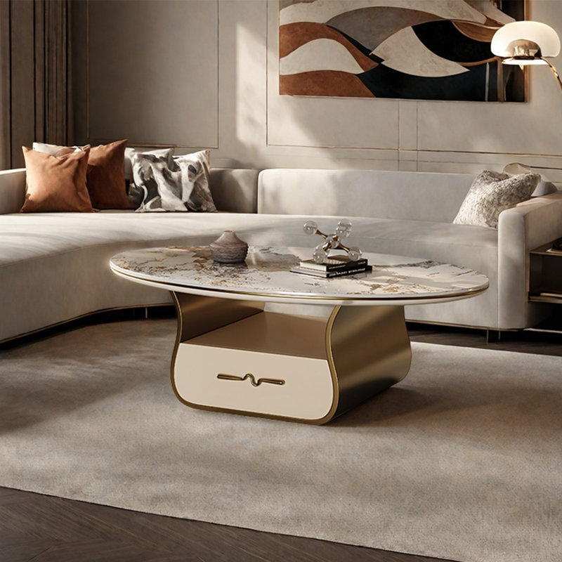 Table basse ovale en pierre claire, H 16,5 po x L 47,2 po x l 27,6 po, Doré
