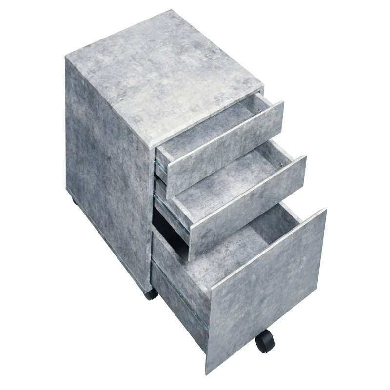 Silver Faux Concrete File Cabinet With Manual Close Drawers For Office Look And 3 Work Area