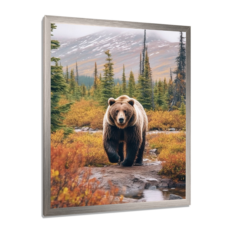 «Grizzly Bear In Alaska Scenery II», art sur toile Alaska, H 40 po x l 30 po x P 1,5 po, Cadre photo argenté