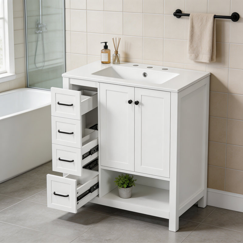 Meuble-lavabo blanc de 30 po avec comptoir d'évier; Armoire à deux portes et deux tiroirs; Bois massif Tablette ouverte Panneaux de fibres à densité moyenne; Emballage simple