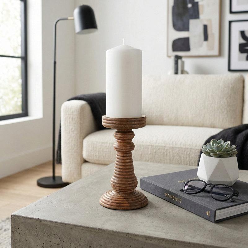 Ribbed Mango Wood Pillar Candle Holder For Home Decor - Sculptural Decorative Accent For Dining Room Tabletop Or Coffee Table - 7.5", Brown & Tan