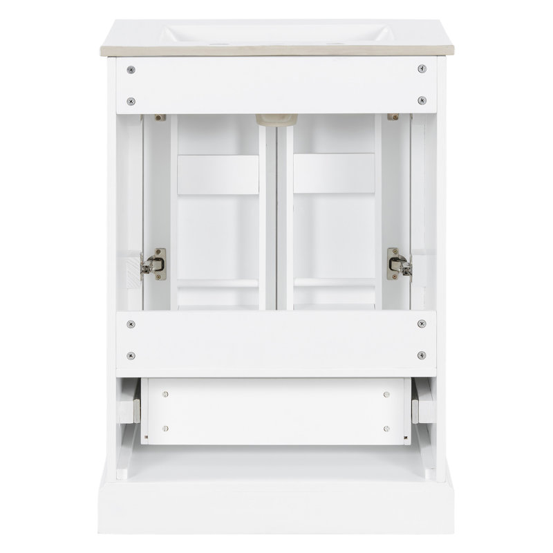 Meuble-lavabo de 24 po avec lavabo en céramique lisse, structure en bois massif et poignées élégantes en alliage de zinc pour un pied d'ambiance chic, sophistiqué et luxueux