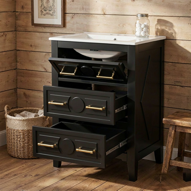 Ensemble de meuble-lavabo simple 24 po avec lavabo en céramique 24 po et 3 tiroirs, noir