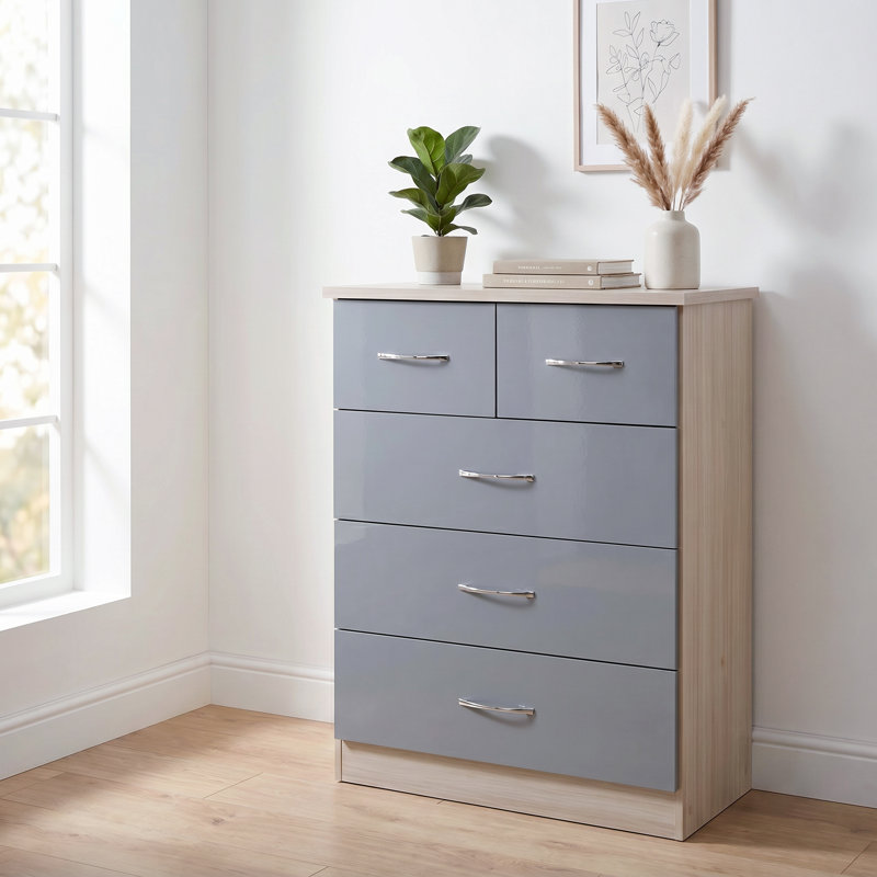 Cascio 5 Drawer Chest Of Drawers, Grey Gloss/Light Oak Effect Veneer