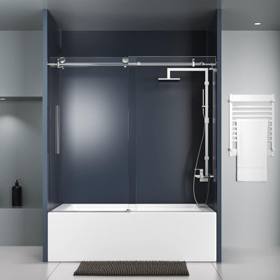 Sliding Shower Door 55-59" W, Brushed Stainless Steel Glass Door with Seal Strip & Handle