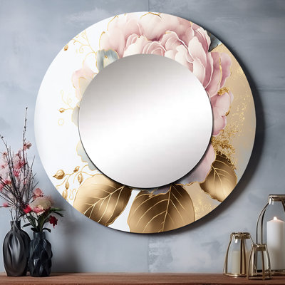 Rahmier Pink And Gold Camellia Flower I - Camellia Large Mirror, Traditional Round Decorative Wall Mirror, Printed Metal Art