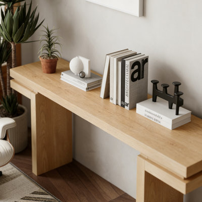 Console très large en placage de bois véritable de 66 po avec finition en chêne vieilli, canapé minimaliste pour le salon, le vestibule ou le bureau personnel
