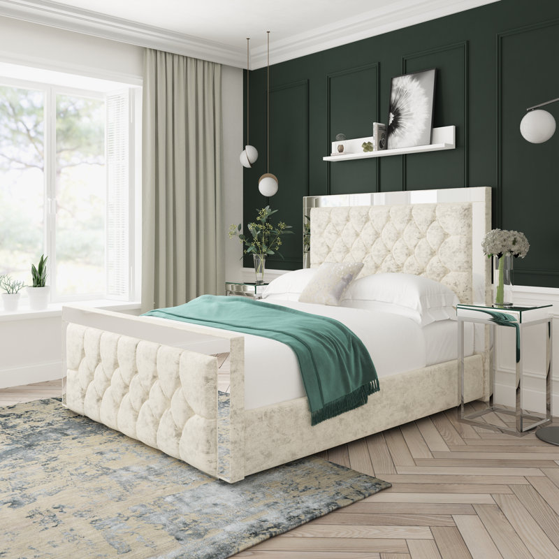 Sage Crushed Velvet Upholstered Ottoman Bed Frame, Cream, Double (4'6)