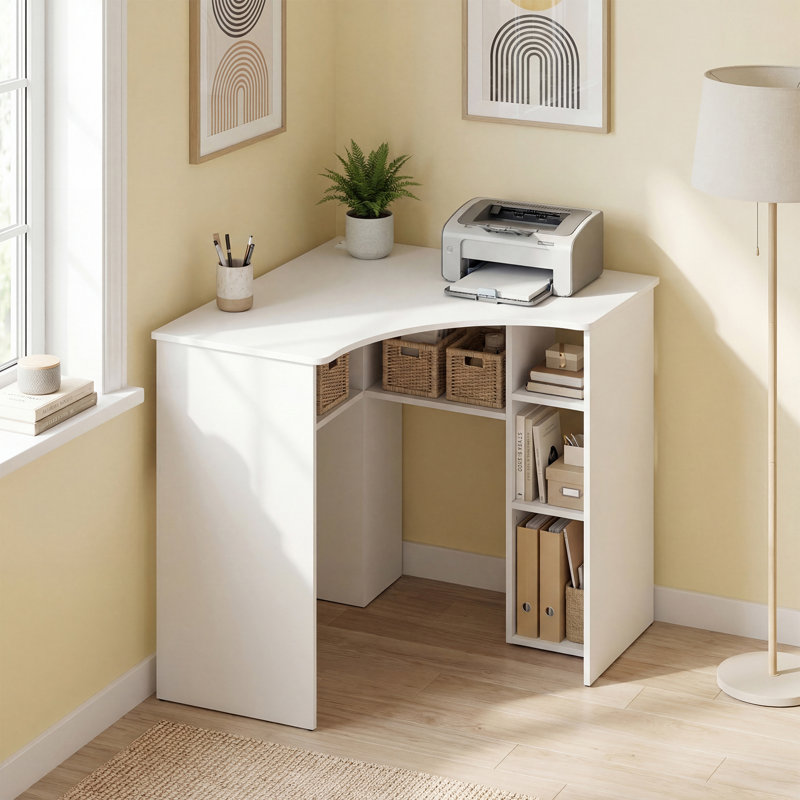 Yeramis Wrought Studio? L-shaped Computer Desk With Storage Shelves Adjustable Shelf For Home Office, White