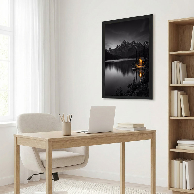 «Lit Cabin Lit on Lake Shore With Mountains», art mural, 20"H x 30"W